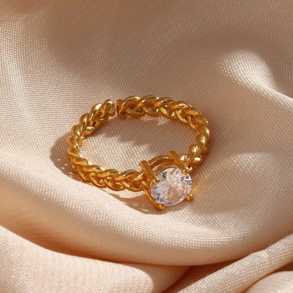 Clear Cubic Zirconia Woven Chain Adjustable Ring 18K Gold Plating Steel - Picture 3 of 13